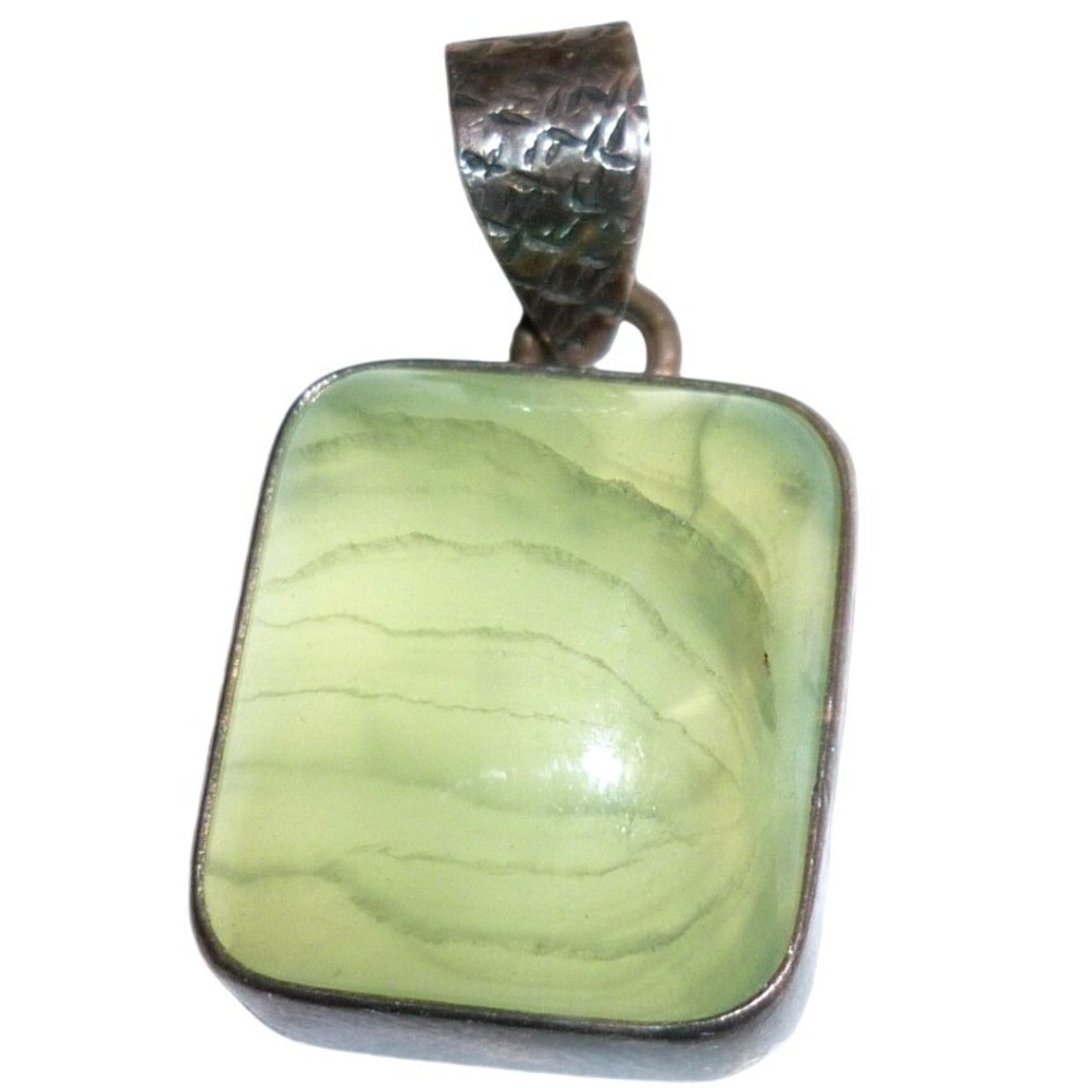 Vintage Artisan Sterling Silver Pale Green Banded Serpentine Jade Square Pendant